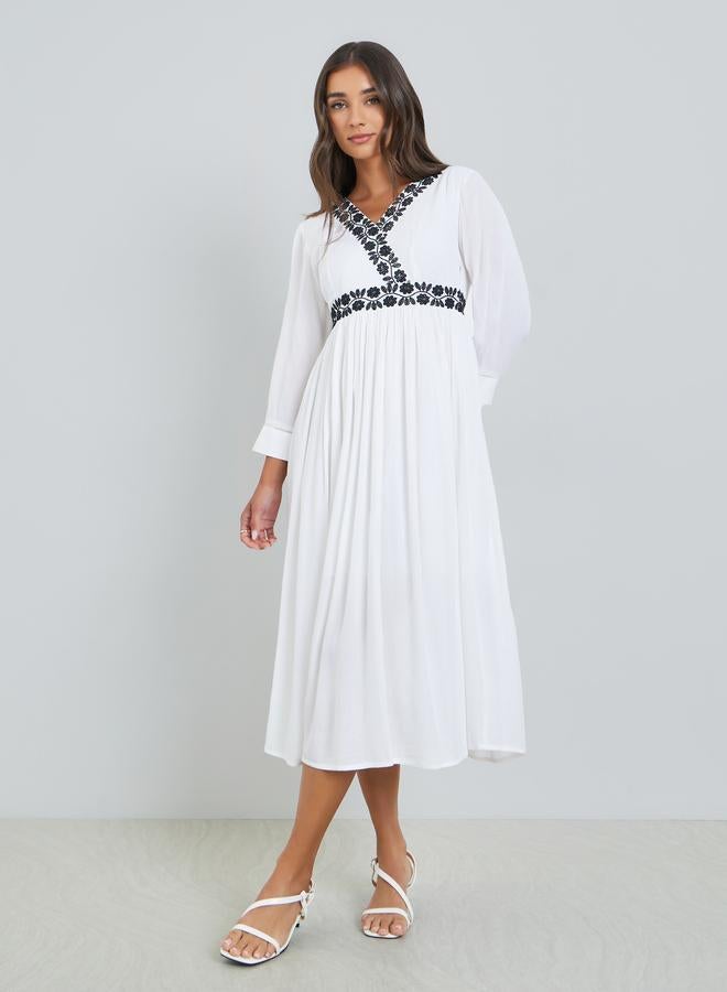 Styli Women White Embroidery Lace A-Line Midi Dress - Image 2